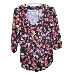 Jones New York Daisy Print V-Neck 3/4 Sleeve Stretchy Blouse Size XS